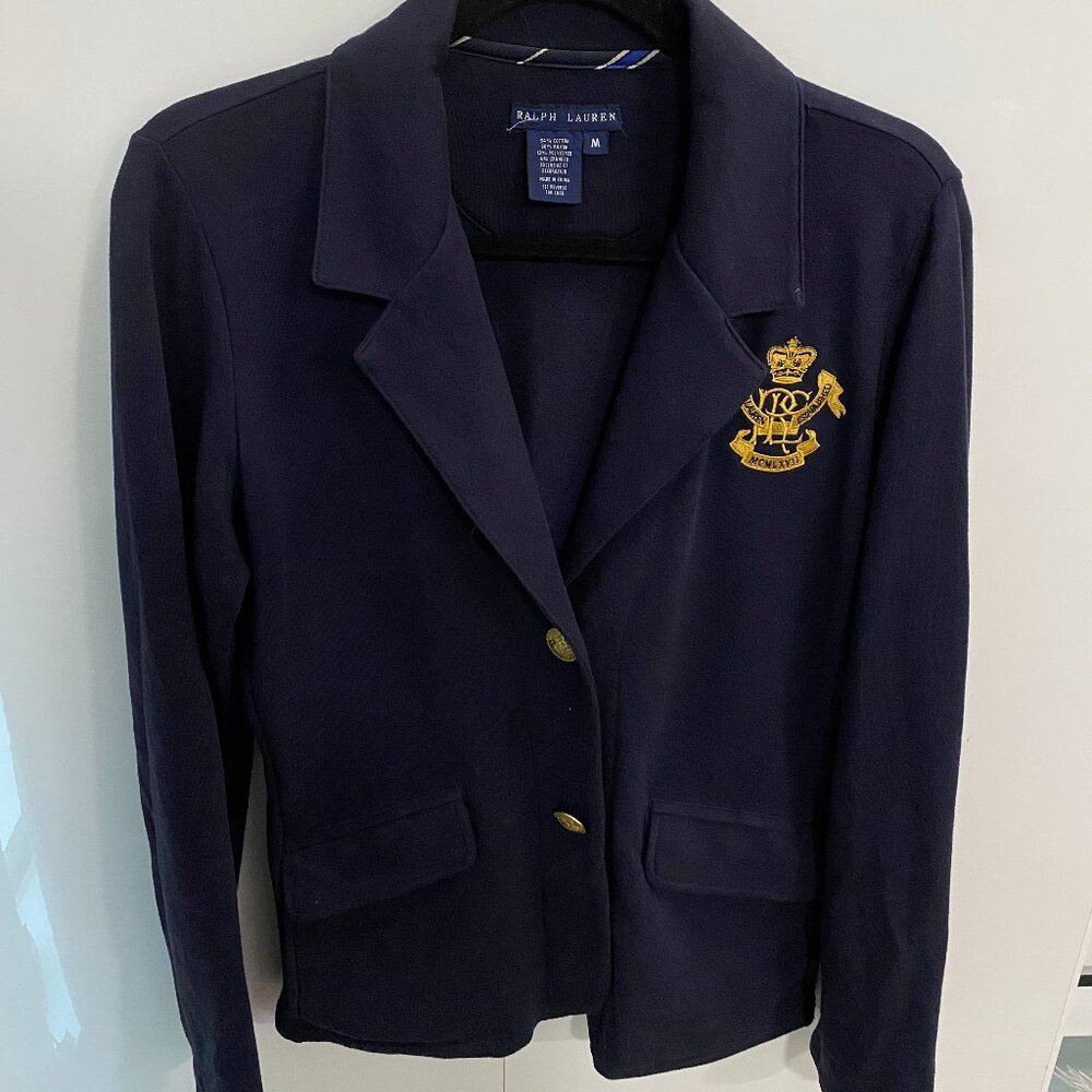 Vintage Ralph Lauren Navy Knit Blazer Cardigan with Gold Crest -Size M